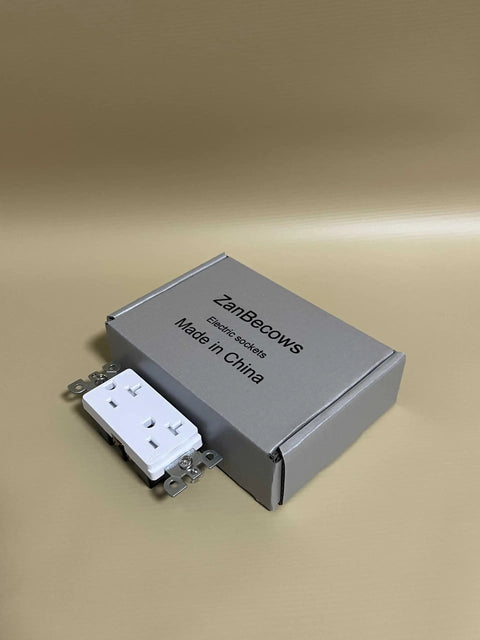 Kickass Heavy Duty 20 Amp Decorator Wall Outlet Socket with packaging on beige background, designed for homes and shops.