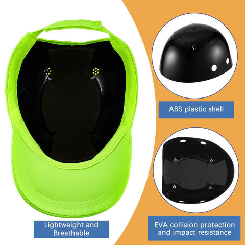 Three Piece Bump Cap Baseball Hat Style Hard Hat Helmet Safety Cap Breathable Lightweight For Men And Women All Day Comfort Head Protection Cap In Three Colors showing underside with ABS shell and EVA protection details.