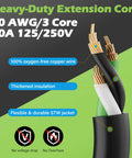 Heavy Duty 30 Amp Y Splitter Adapter Cord With Nema 10 To Dual 30 R Plugs For Level 2 EV Charging And Dryer Outlet Power Extension showing 10 AWG copper wire.
