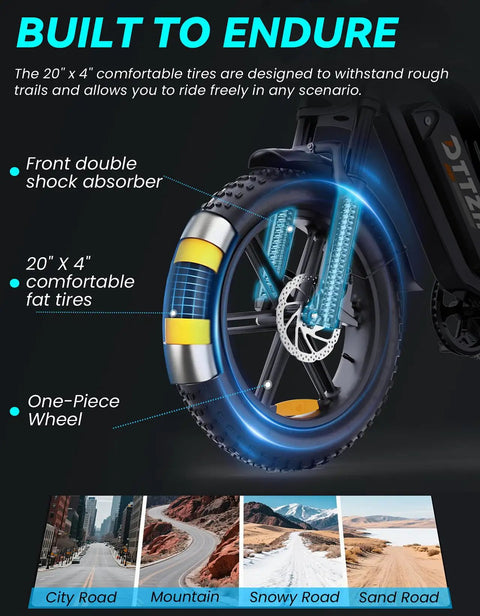 Close-up of 1500W Fat Tire Electric Bike For Adults showing 20x4 inch fat tires and front double shock absorber