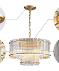 Close-up details of Drum Glass Chandelier For Dining Room With 7 Light Gold Pendant Lighting Fixture Jaw Dropping Double Layer Design.