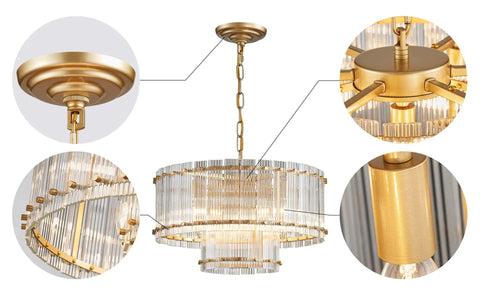 Close-up details of Drum Glass Chandelier For Dining Room With 7 Light Gold Pendant Lighting Fixture Jaw Dropping Double Layer Design.