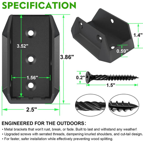 Heavy Duty Aluminum Deck Railing Bracket Connectors For 2 By 4 Wood Posts Outdoor Fence Stair Rail Hardware Set With 180 Deck Screws dimensions displayed