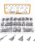 Built Tough 304 Stainless Steel Wood Screws And Self Tapping Assortment Kit Featuring Phillips Flat Heads For Sheet Metal Jobs And Heavy Duty Backyard Projects 450 Piece Set in clear storage box.