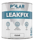 Front view of 35 oz can of Clear Leak Fix Paint Sealant With Reinforced Fibers for waterproof sealing on roofs and gutters.