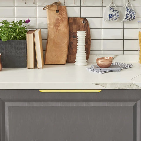 Kitchen cabinet with 15 Pack Gold Finger Edge Cabinet Pulls With 256mm Hole Center 10 Inch And 300mm Length 11.81 Inch Zinc Alloy Concealed Drawer Handles installed.
