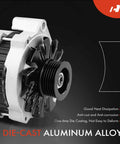Die-cast aluminum alloy alternator for Chevy Camaro 1990 1992 Caprice C1500 K1500 and GMC Jimmy Safari Buick Roadmaster Cadillac Brougham Pontiac Firebird 12 Volt 105 Amp CW 6 groove pulley replacement built to last, close-up front view