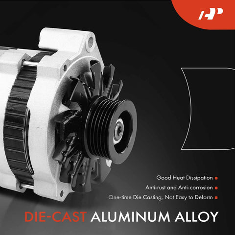 Die-cast aluminum alloy alternator for Chevy Camaro 1990 1992 Caprice C1500 K1500 and GMC Jimmy Safari Buick Roadmaster Cadillac Brougham Pontiac Firebird 12 Volt 105 Amp CW 6 groove pulley replacement built to last, close-up front view