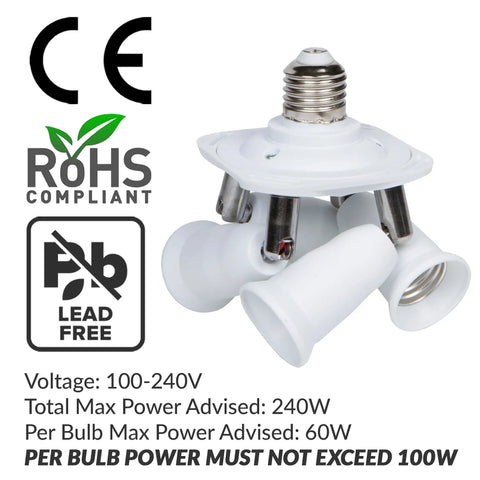 E26 Light Bulb Socket Plug In Adapter Splitter With Four Heads White Finish Adjustable Angles For Wide Coverage Indoor Outdoor Ceiling Lights Or Lamps Great For Ceiling Fans Pendants And Lamps