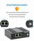 Heavy Duty Industrial PoE Plus Extender Delivers 80 Watts On Din Rail Mount showcasing smart protection features and ports.