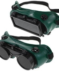 Top Shelf Flip Up Welding Goggles With Anti Scratch Lens For Metalwork And Industrial Eye Protection Featuring A Breathable Vent Design, green plastic frame.
