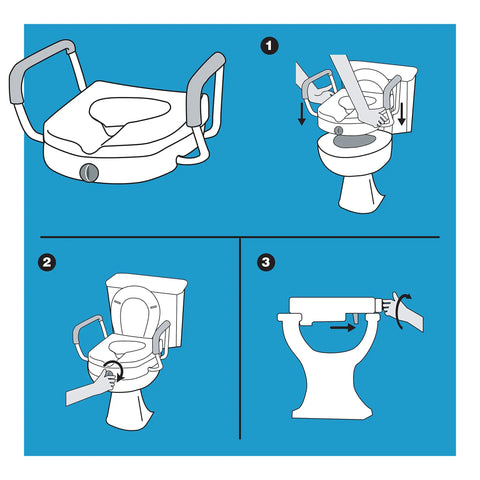 Installation diagram of EZ Lock Toilet Seat Riser with Safety Frame showing fit on round or elongated toilets with locking system.