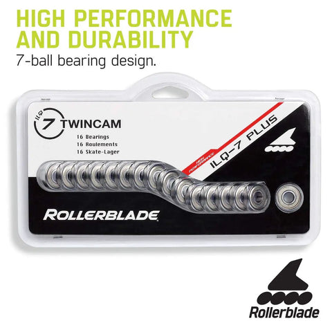 ILQ7 Plus Inline Skate Bearings 16 Pack Silver in packaging showing high performance and durability with 7-ball design.