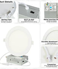 LOG BARN 6 Inch LED Recessed Lighting with Junction Box, 3CCT 3000K/4000K/5000K Selectable showing spring clips, metal junction box, and connector.