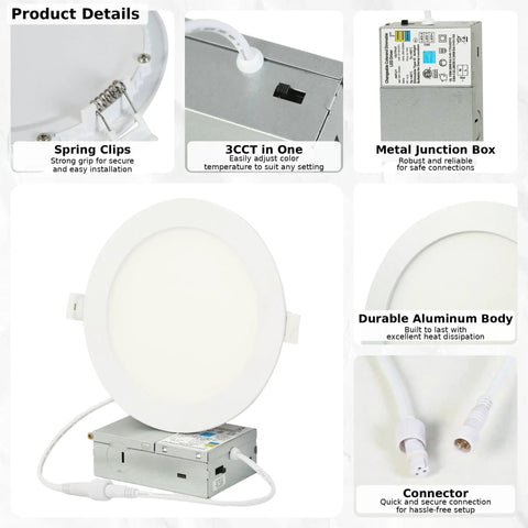 LOG BARN 6 Inch LED Recessed Lighting with Junction Box, 3CCT 3000K/4000K/5000K Selectable showing spring clips, metal junction box, and connector.