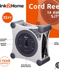 Built Tough Retractable Extension Cord Reel With Four Outlets And Circuit Breaker Protection 35 Foot, 4 grounded outlets, overheat protection, and easy rotation.