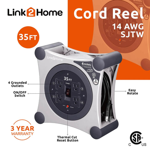 Built Tough Retractable Extension Cord Reel With Four Outlets And Circuit Breaker Protection 35 Foot, 4 grounded outlets, overheat protection, and easy rotation.