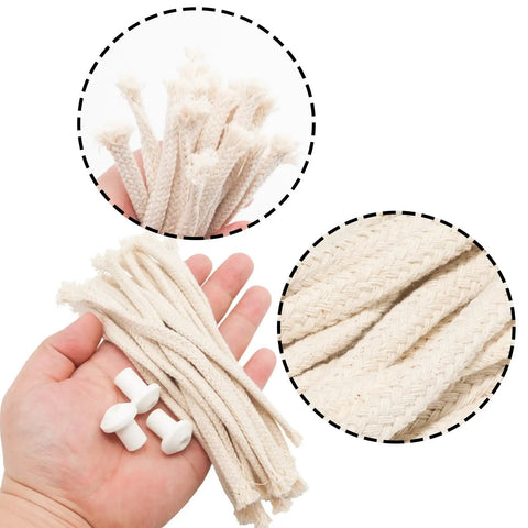 Hand holding 16 cm cotton wicks and 2 cm ceramic holders from Durable Ceramic Oil Lamp Holder Kit With 10 Holders And 20 Cotton Braided Replacement Wicks, 2 Cm Holders And 16 Cm Wicks, DIY Outdoor Tiki Torch Lighting Set For Backyards Camps And Patio Hangouts.