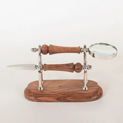 Sleek Silver Brown Wood Desk Set With Magnifying Glass And Letter Opener For Home Office Decor And Boss Level Gift Modern Executive Office Accessories displayed on a wooden base.