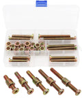 Top Shelf Threaded Insert Nut And Bolt Assortment Kit Zinc Plated Carbon Steel Furniture Barrel Bolts Crib Screws Wood Repair Hardware 5/16-18 Size in clear storage with assorted lengths.