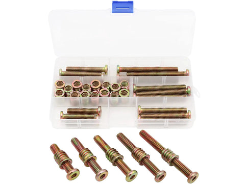 Top Shelf Threaded Insert Nut And Bolt Assortment Kit Zinc Plated Carbon Steel Furniture Barrel Bolts Crib Screws Wood Repair Hardware 5/16-18 Size in clear storage with assorted lengths.