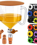 17 Piece Engine Oil Funnel Kit With 2.12 Quart Capacity And 2 Liter Option, 12 Color Coded Adapters With Rubber Gaskets, 45 Degree And Straight Elbow, Magnetic Storage Trays, Universal Fit For Most Cars And Trucks, Garage Ready displayed with color-coded adapters and transparent funnel.
