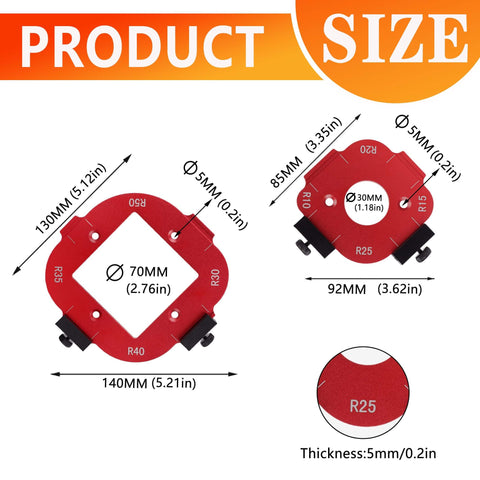 Dimensions of Pro Grade Router Templates And Jigs For Woodworking With Edge Guide And Corner Radius Templates For Routers R10 Through R50 In Aluminum Alloy Set.