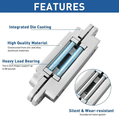 Badass Silent Hidden Door Hinges Six Inch Outswing Concealed Butt Hardware close-up showing zinc alloy construction and pivot.
