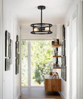 Industrial Black Semi Flush Mount Ceiling Light With Adjustable Height And Two Light Fixtures in hallway setting