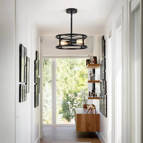 Industrial Black Semi Flush Mount Ceiling Light With Adjustable Height And Two Light Fixtures in hallway setting