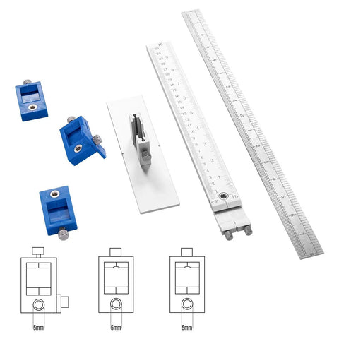 Heavy Duty Aluminum Cabinet Hardware Jig And Precision Drill Guide Sleeve For Dead On Drawer Pull Alignment with blue components.