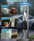 Heavy Duty Nema 14-50R EV Charging Outlet Box With Copper Contacts And Solid Brass Terminals For Straight Up Reliable Power Delivery No Fuss Drilling Required UL Certified Outdoor Garage Ready with child using charging outlet.