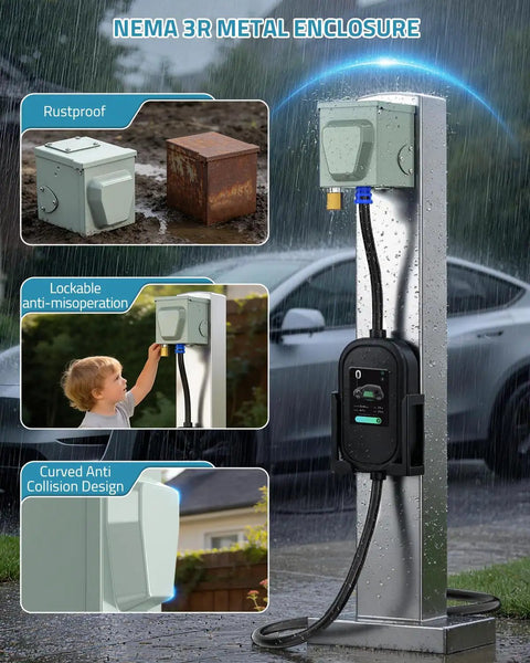 Heavy Duty Nema 14-50R EV Charging Outlet Box With Copper Contacts And Solid Brass Terminals For Straight Up Reliable Power Delivery No Fuss Drilling Required UL Certified Outdoor Garage Ready with child using charging outlet.