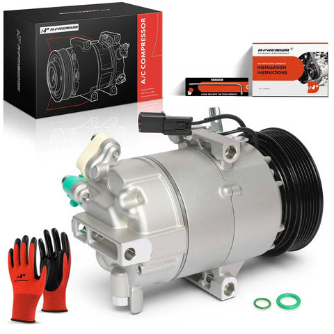 Built Tough Air Conditioning AC Compressor With Clutch Fits Hyundai Elantra 2011 To 2013 with installation instructions and gloves.