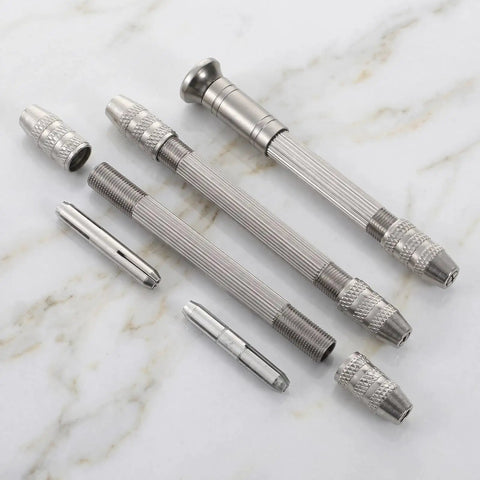 Top Shelf 3 Piece Pin Vise Set Featuring Double Ended Hand Drills With Solid Brass Chucks on marble surface.