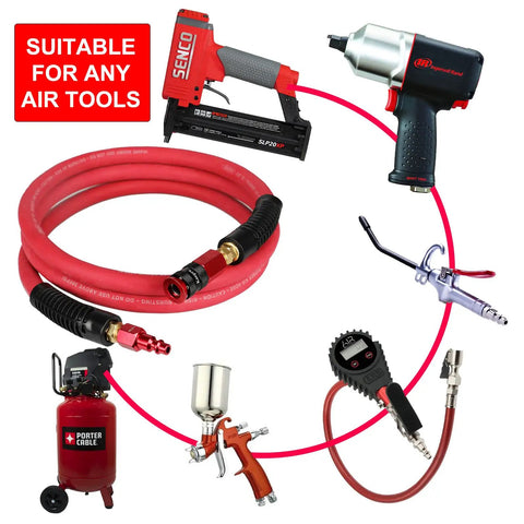 Heavy Duty Red Rubber Air Compressor Hose 3/8 Inch Inner Diameter Six Feet Long With Seamless Aluminum Quick Coupler And Plug for air tools
