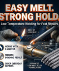 Low Temp Welding Rod Set in use with lighter and metal pipes, showcasing quick bonding, easy melt, and strong hold features.