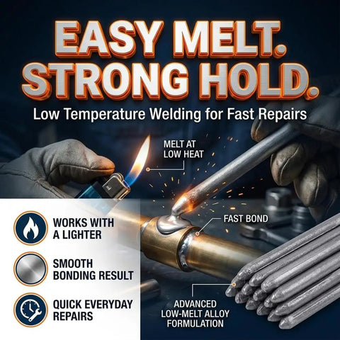 Low Temp Welding Rod Set in use with lighter and metal pipes, showcasing quick bonding, easy melt, and strong hold features.
