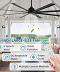 96 Inch Heavy Duty Industrial Ceiling Fan With Reversible DC Motor No Lights 6 Speed Remote 3 Downrods 8 Aluminum Blades