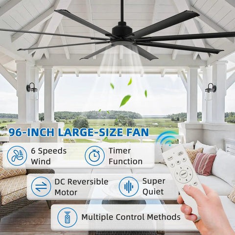 96 Inch Heavy Duty Industrial Ceiling Fan With Reversible DC Motor No Lights 6 Speed Remote 3 Downrods 8 Aluminum Blades