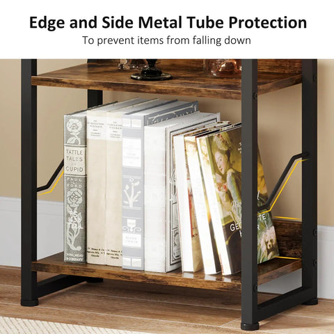 Five Tier Tall Bookshelf Featuring Rustic Brown Wood Panels And Sturdy Metal Frame Narrow Storage Organizer Perfect For Living Room Or Home Office Slick Display Rack Built Tough As Nails To Keep Your Stuff Neat And Tidy Without A Fuss