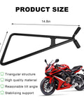 Image showing Heavy Duty Dirt Bike Triangle Kickstand With Solid Steel Construction, adjacent to a red motorcycle, dimensions given.