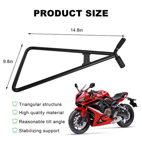 Image showing Heavy Duty Dirt Bike Triangle Kickstand With Solid Steel Construction, adjacent to a red motorcycle, dimensions given.