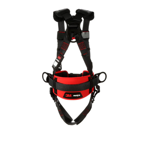 Construction Style Positioning Harness 1161308, black small, with moisture-wicking back pad and foam hip pad with mesh, front view.