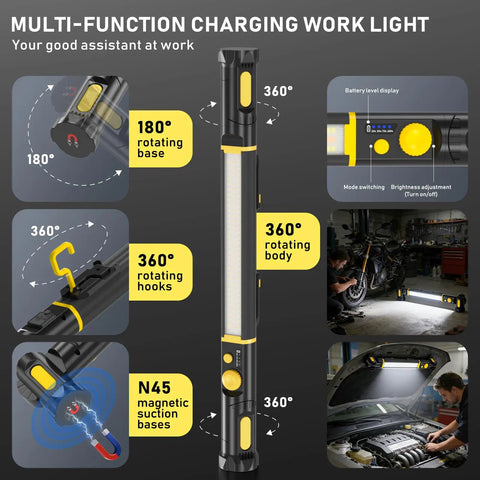 Rechargeable LED Work Light Bar With Magnetic Mount 5200mAh Battery 3000 Lumen under hood light for car repair in use.