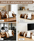 Acacia Wood Coffee Bar Station Organizer Stand in hotel, kitchen, gym, office settings showcasing pour-over setups.