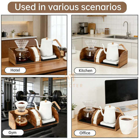 Acacia Wood Coffee Bar Station Organizer Stand in hotel, kitchen, gym, office settings showcasing pour-over setups.
