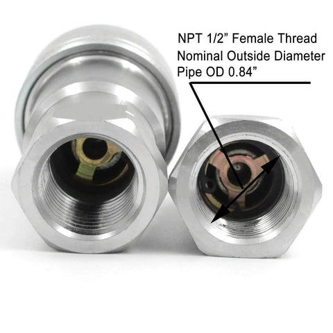 Close-up of Half Inch NPT Thread ISO 5675 Hydraulic Quick Connect Tractor Couplers with Ball Valve Seal showing NPT 1/2 Female Thread.