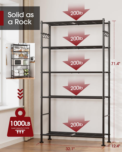 Heavy Duty Five Tier Storage Shelves With Leveling Feet And Side Hooks For Garage Bedroom Or Balcony Wobble Free Metal Rack 32.1 Inch By 12.4 Inch By 71.4 Inch Large Capacity Organizer In Black