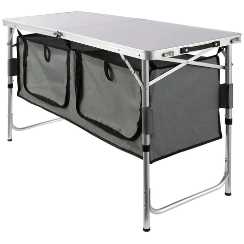 Camping Kitchen Station With Three Adjustable Heights, Folding Outdoor Camp Cooking Table With Storage Organizer shown